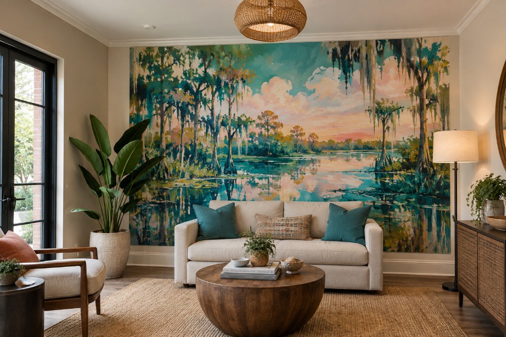 Mural in a shared apartment-community lounge.