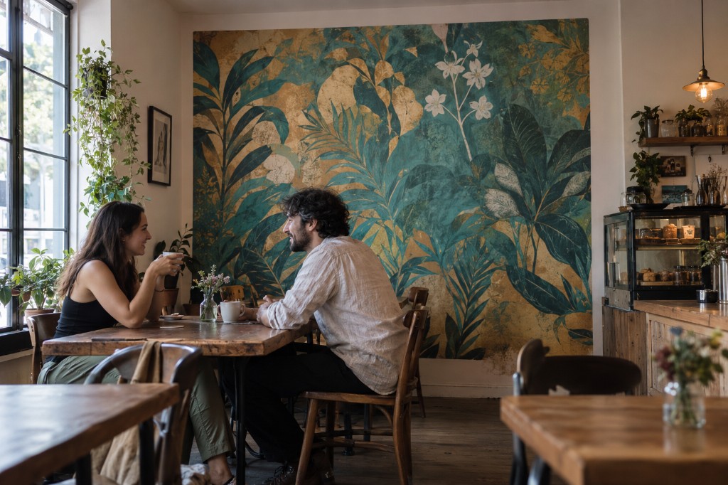 Guests talking over coffee in front of a botanical cafe mural.