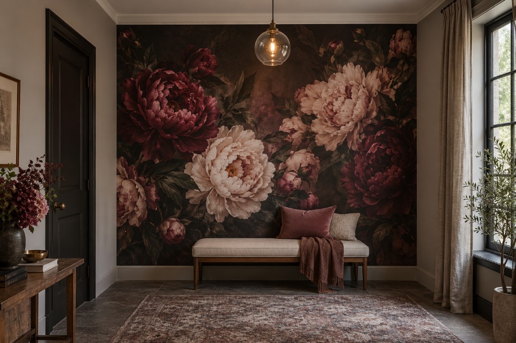 Floral mural creating a backdrop in an event venue.