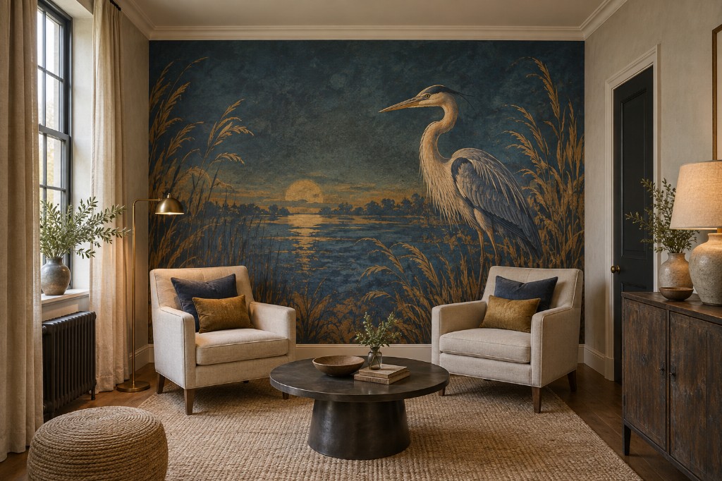 Heron mural on a brick wall beside lounge seating in a hospitality space.