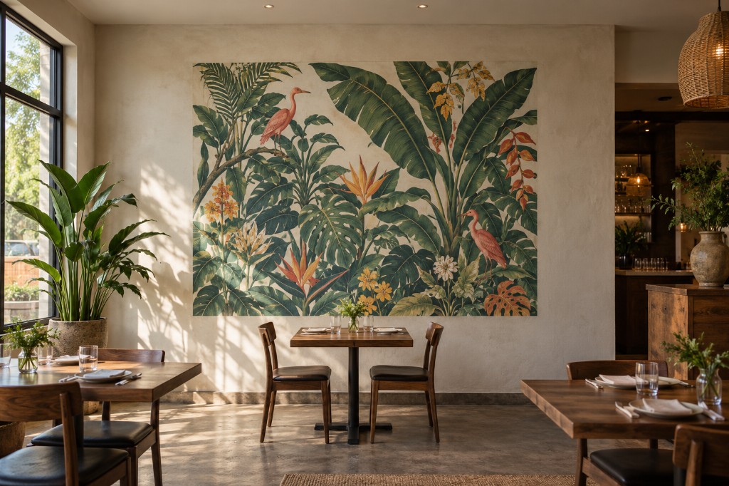 Tropical leaf mural behind a couple seated at a cafe table.
