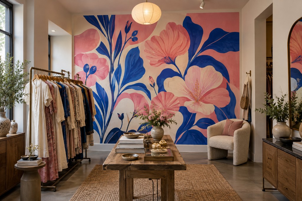 Floral wall artwork in a retail interior.