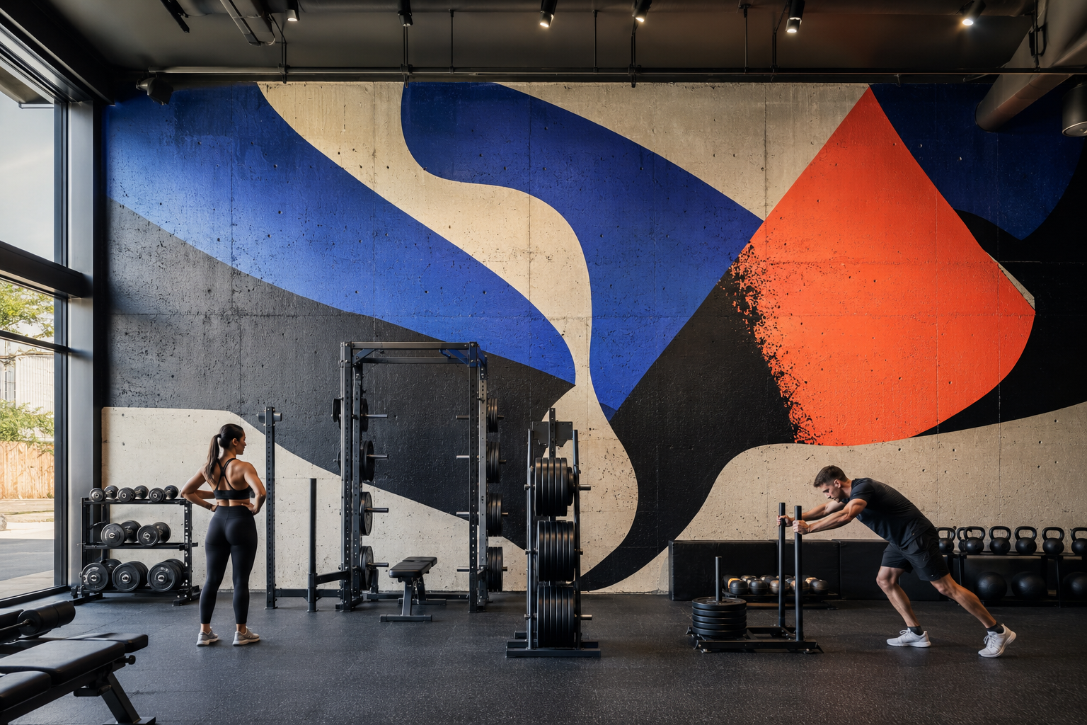 Bold abstract mural across a concrete wall in a fitness studio.