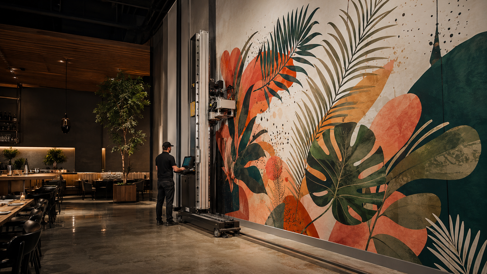 Vertical printer applying UV-cured mural ink directly to a wall
