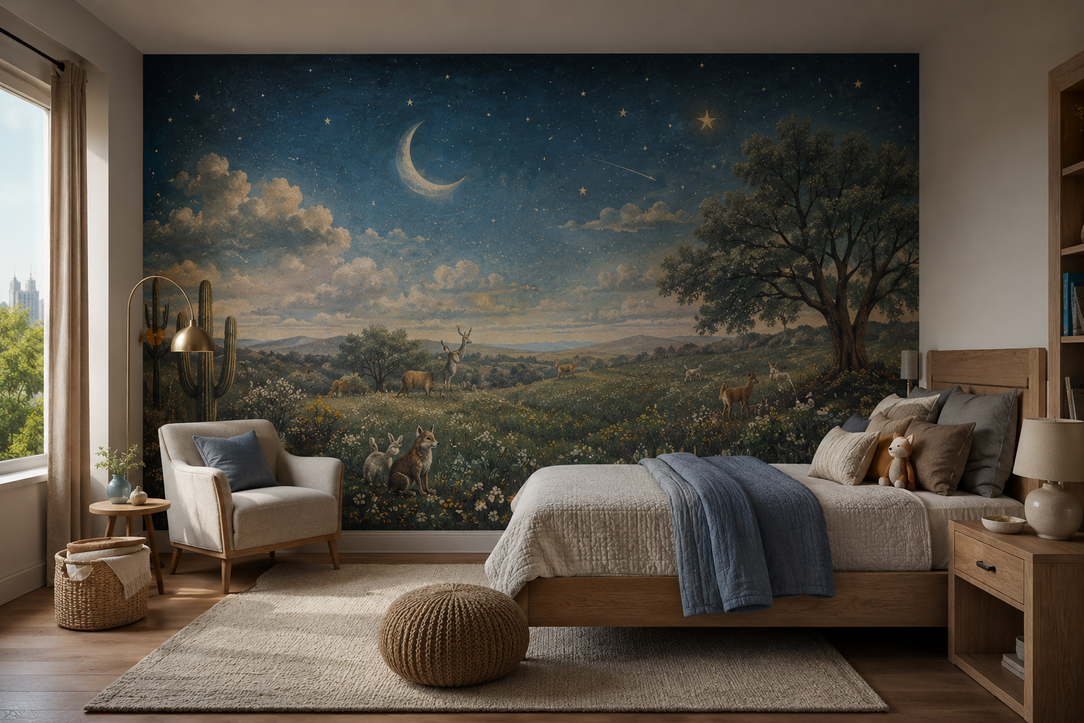 Night landscape mural behind a bed in a residential bedroom.
