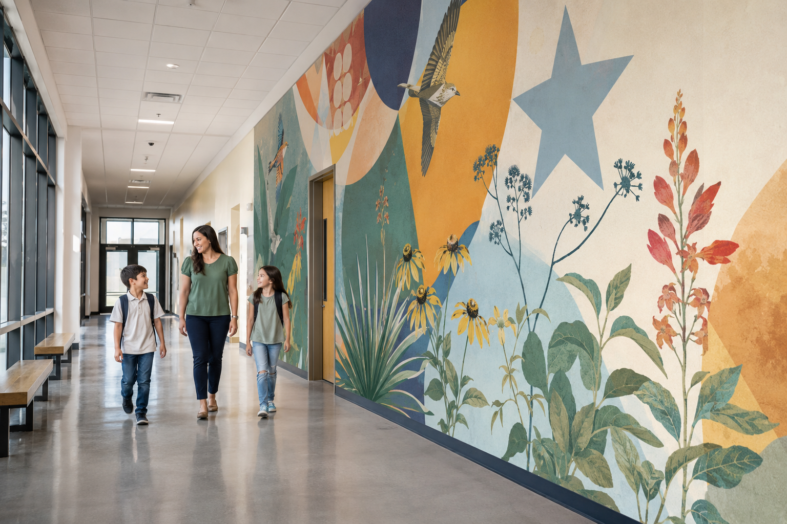 Educational nature mural along a sunlit school corridor.