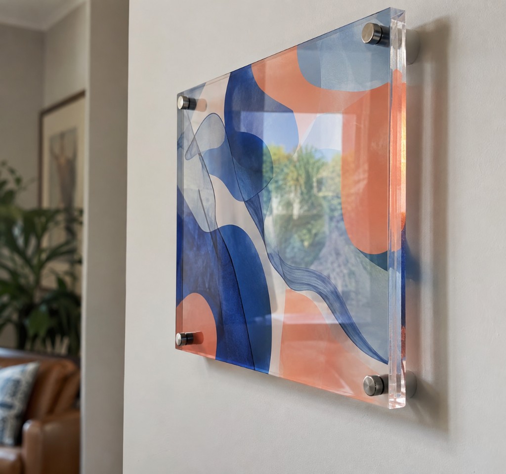 Layered coral and blue artwork on a thick acrylic panel with metal standoffs.