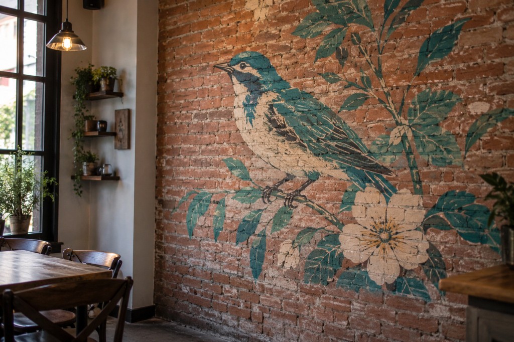 Bird mural printed on an exposed red brick wall in a cafe.