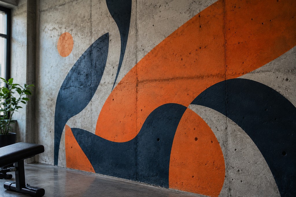 Abstract coral and navy mural printed on a raw concrete gym wall.