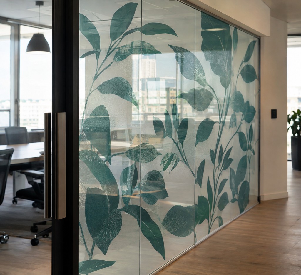 Teal botanical pattern printed on a glass office partition.