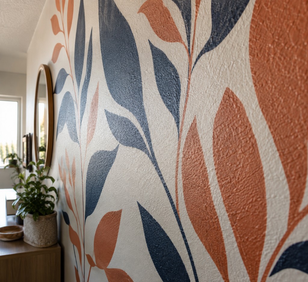 Coral and navy leaf mural following the bumps of a textured wall.