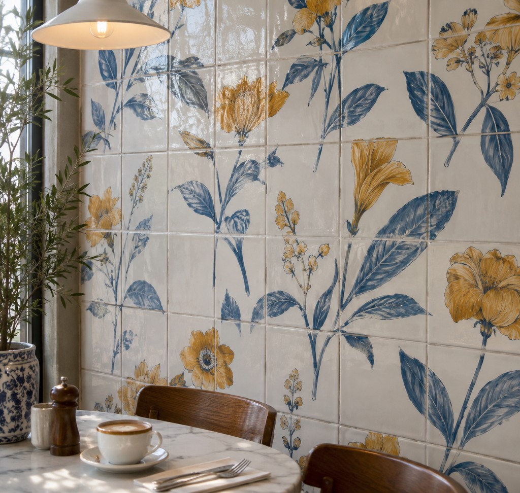 Floral mural printed across glossy ceramic tiles in a cafe nook.