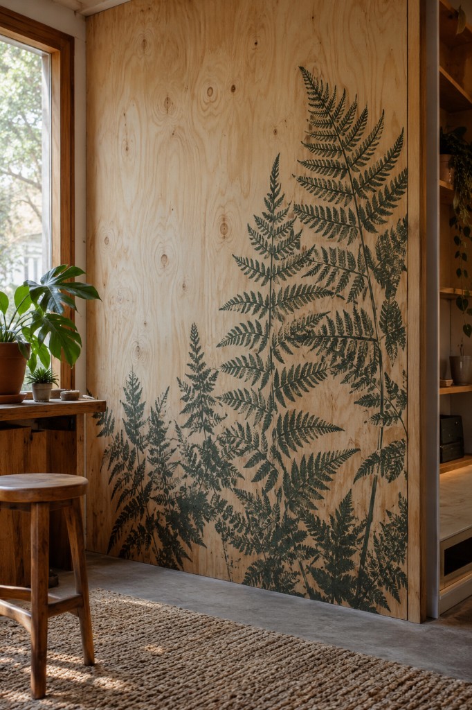 Fern mural printed on a plywood wall with visible wood grain.